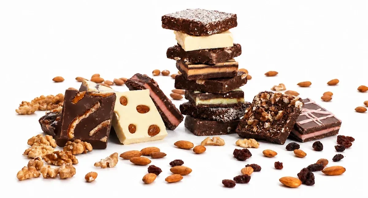 Variedad de chocolates en barra con frutos secos y diferentes sabores